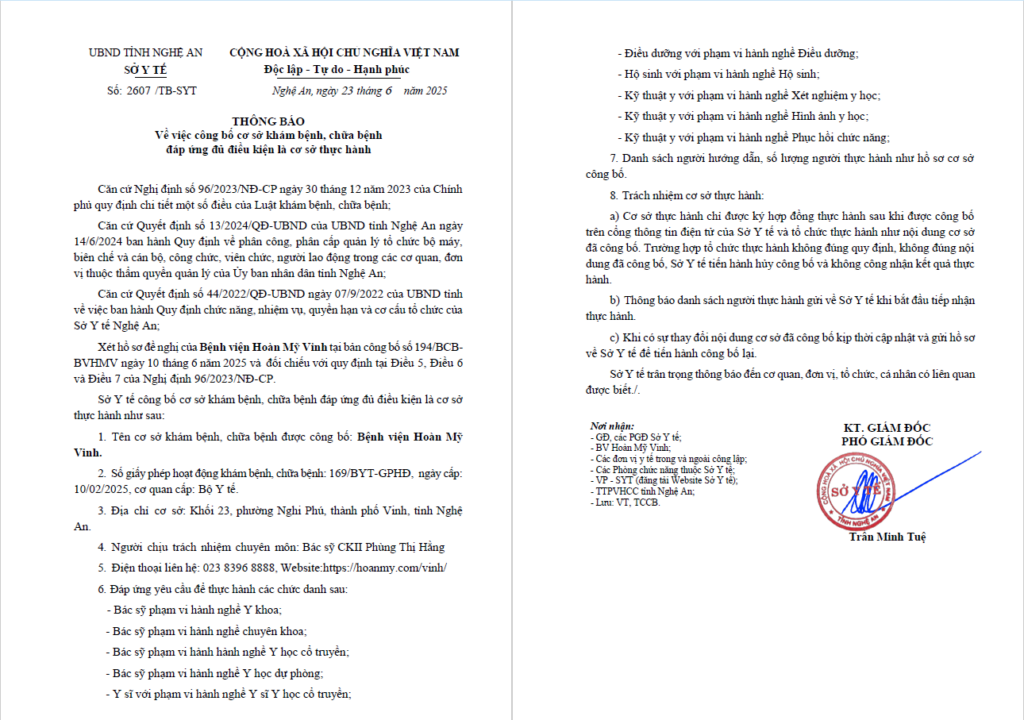 Bệnh viện Hoàn Mỹ Vinh được công nhận đủ điều kiện là cơ sở thực hành