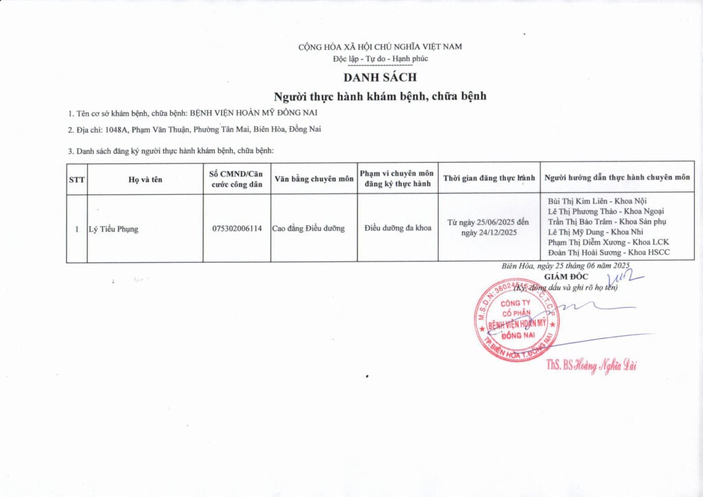 Danh sách người thực hành khám chữa bệnh tại Bệnh viện Hoàn Mỹ Đồng Nai ngày 25.06.2025