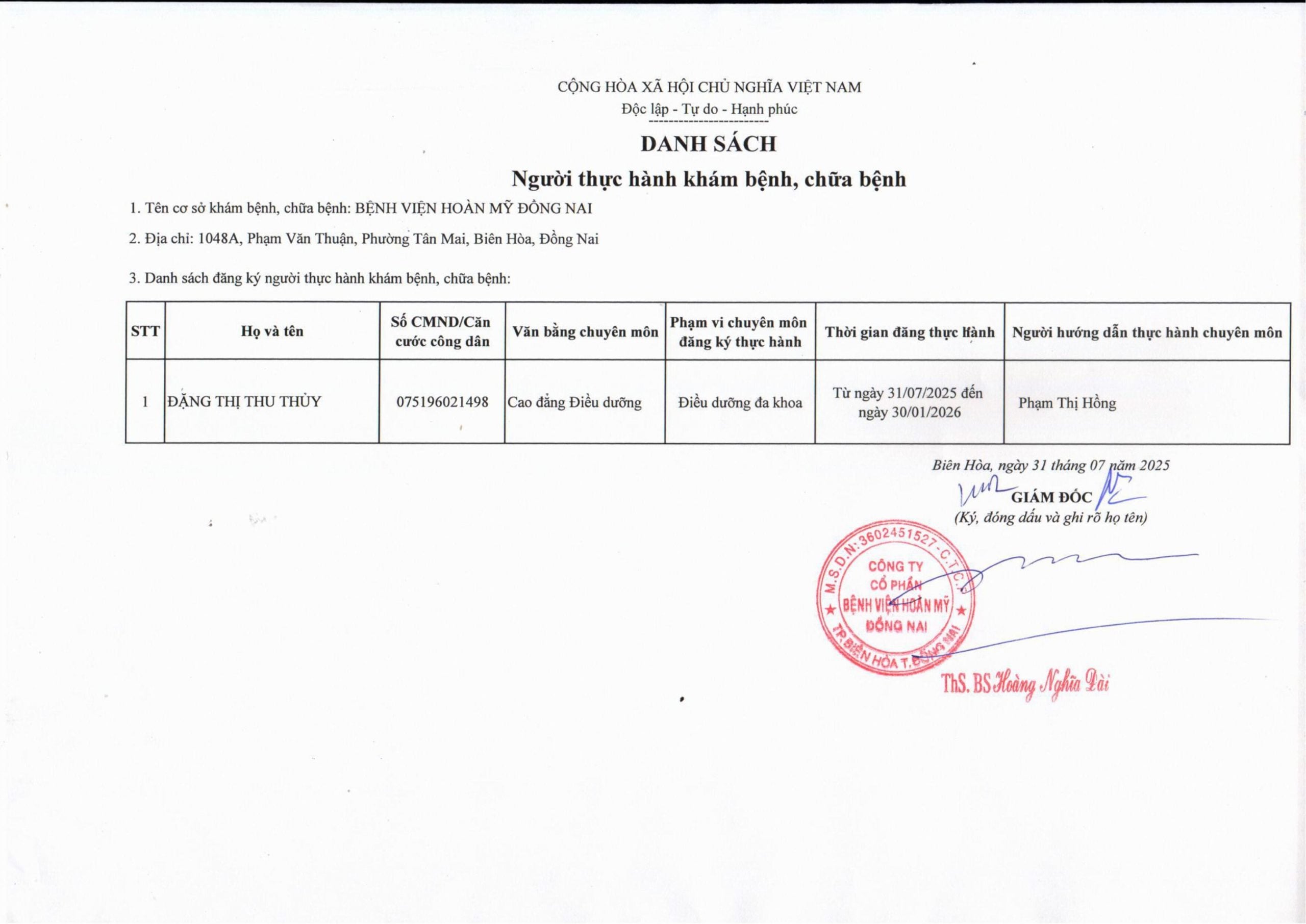 Danh sách người thực hành khám chữa bệnh tại Bệnh viện Hoàn Mỹ Đồng Nai ngày 31.07.2025